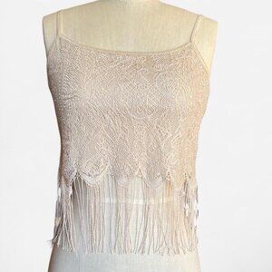 VTG 70s Cream Fringed Crop Top Medium - Made In USA